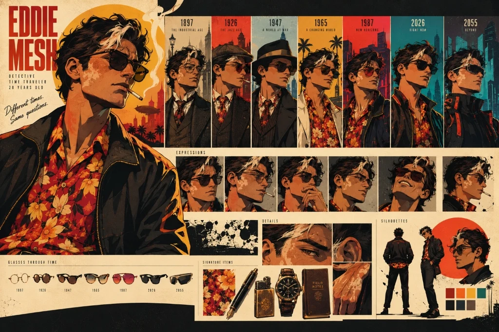 Character sheet for Eddie Mesh — detective, time traveler