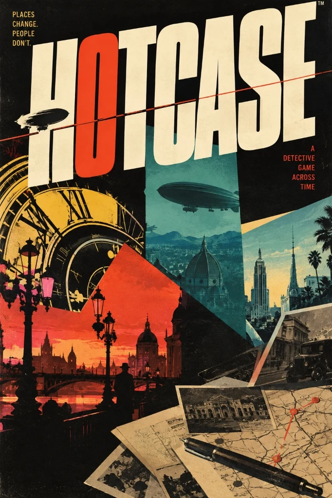 HOTCASE key art — pulp collage of eras with the tagline 'Places change. People don't.'